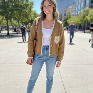 Hem & Thread Brown Cardigan with Floral Accents